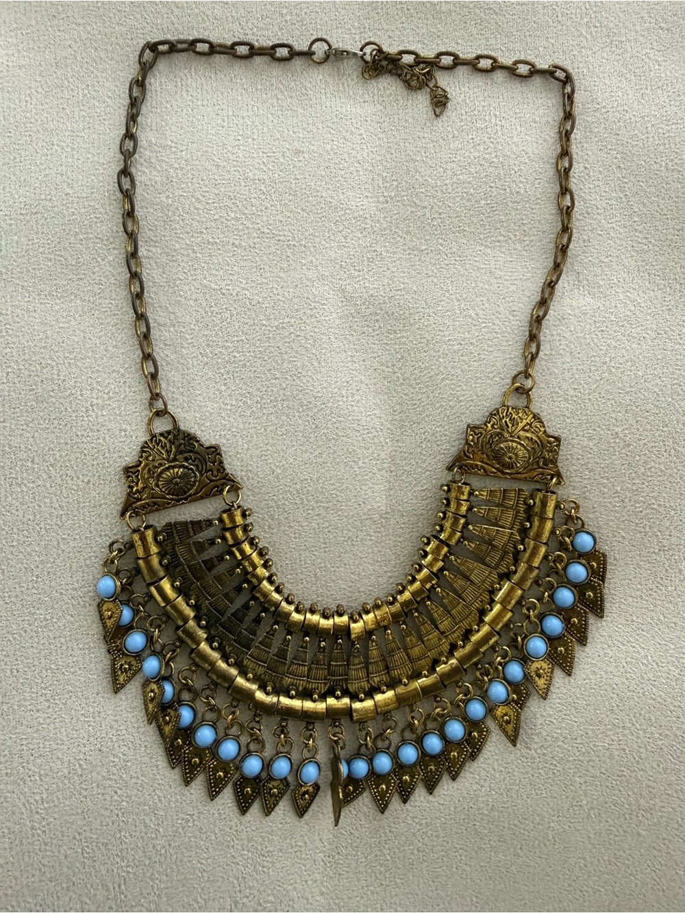 Boho Antique Brass Necklace with Light Blue Accent Beads